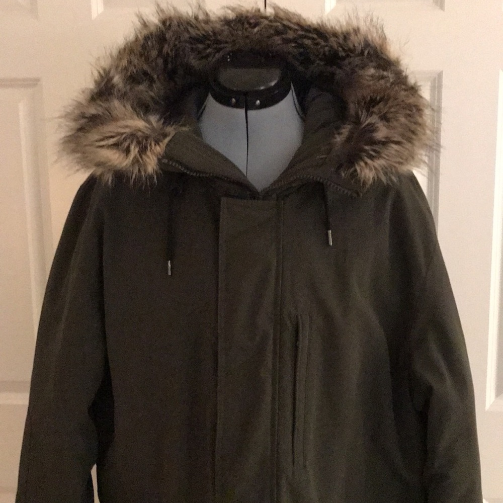 New Michael Kors Green Coat with Faux Fur Trim Hood Size Large Tall L T - Picture 1 of 16